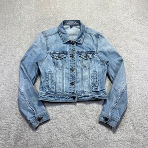 American Eagle Denim Jacket Womens L Blue Light Wash Distressed Cropped Trucker